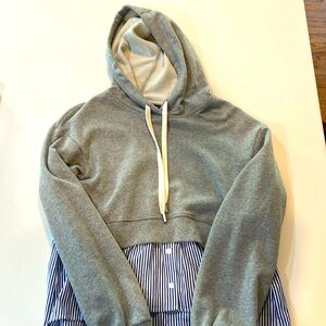 Veronica Beard Mixed-media gray sweatshirt with blue and white striped blouse